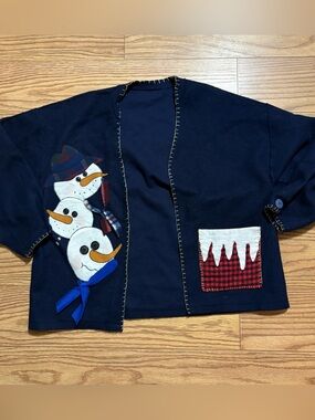 Vintage Felt Christmas Holiday Snowman Cardigan Sweater Large Grannycore